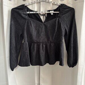 Ava Liv Women Top Size 1X Black Jacquard Peplum Hem Puff Sleeve Whimsigoth 18063